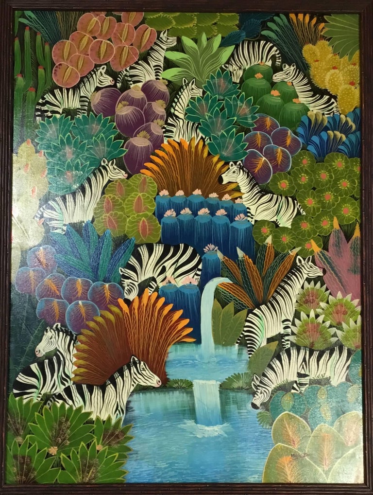Exceptional oil painting on canvas depicting lush colorful jungle scene hidden waterfall and beautiful zebras roaming around. The painting has the original decorative wood frame, signed by the artist on the bottom right. The painting has some minor