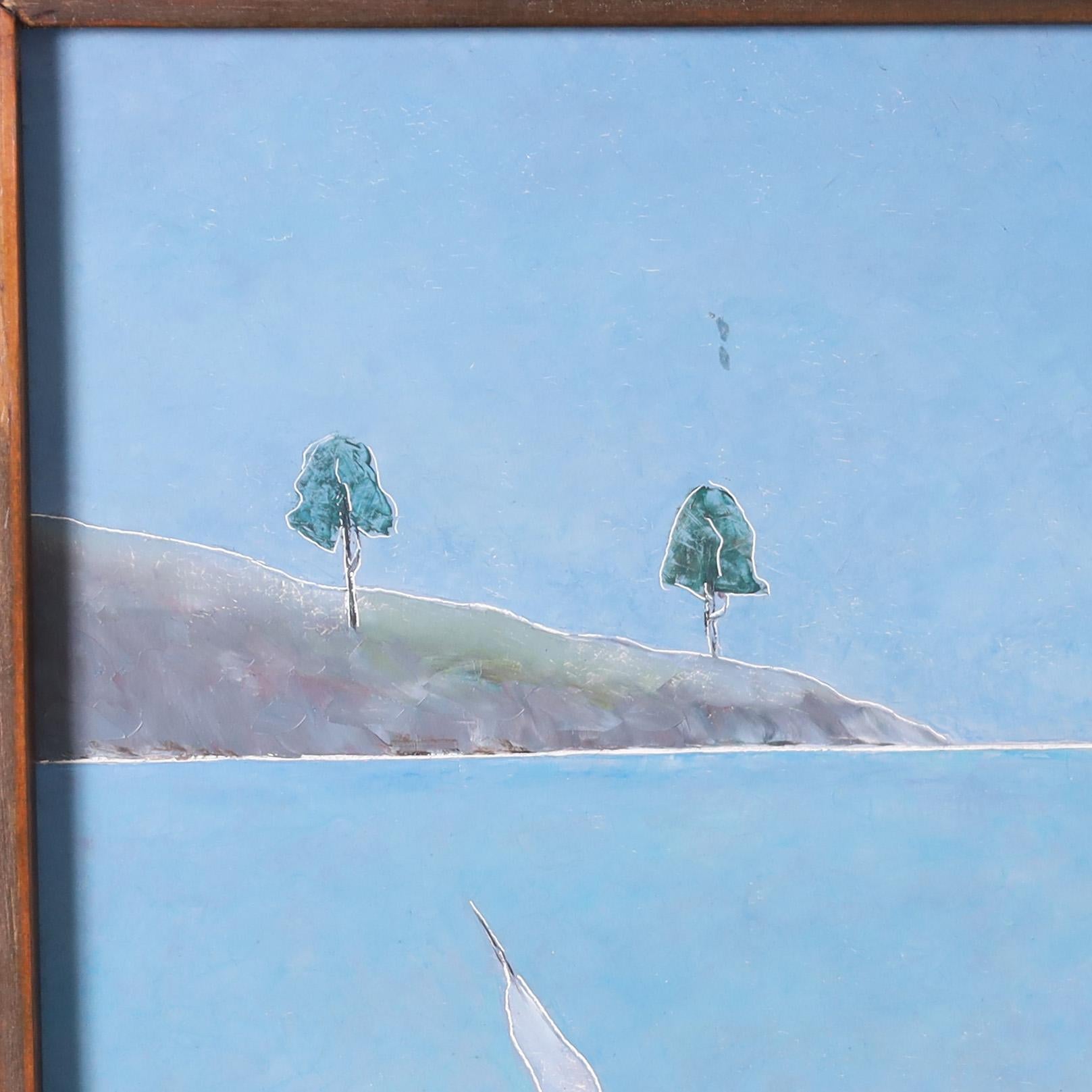 Charmante peinture à l'huile sur panneau haïtienne du milieu du siècle, représentant des bateaux et des gens dans un paysage de baie, exécutée dans un style minimaliste moderne inhabituel. Signée F. Lamothe, présentée dans un cadre en acajou et
