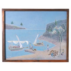 Peinture à l'huile haïtienne vintage sur panneau de Fritz Lamothe