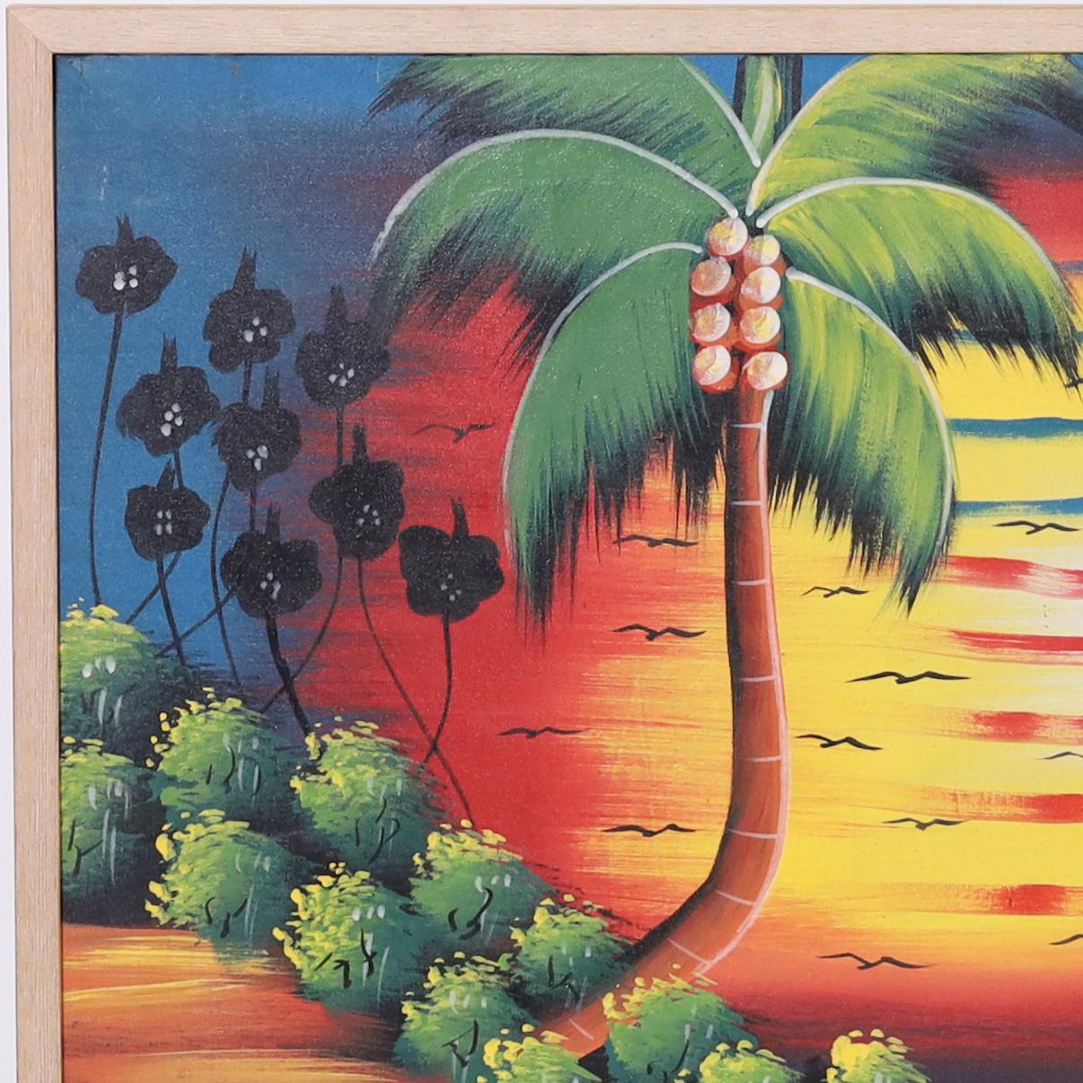 Bold eye-catching Haitian acrylic painting on canvas executed in a distinctive playful naive technique depicting boats and palm trees against a flaming sunset. Signed M. Mar in the lower right.