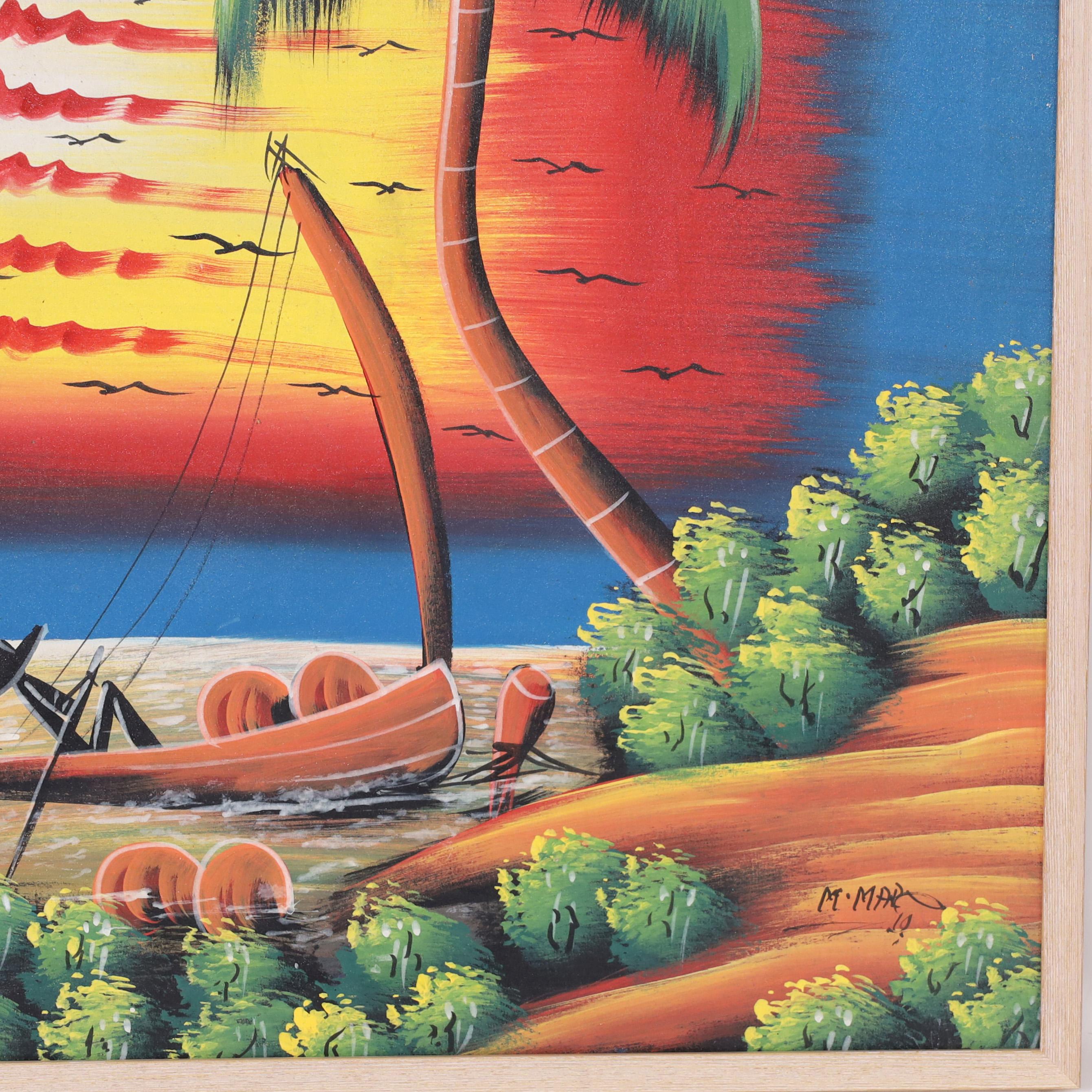 Hand-Painted Vintage Haitian Painting Boats in Sunset by M. Mar For Sale