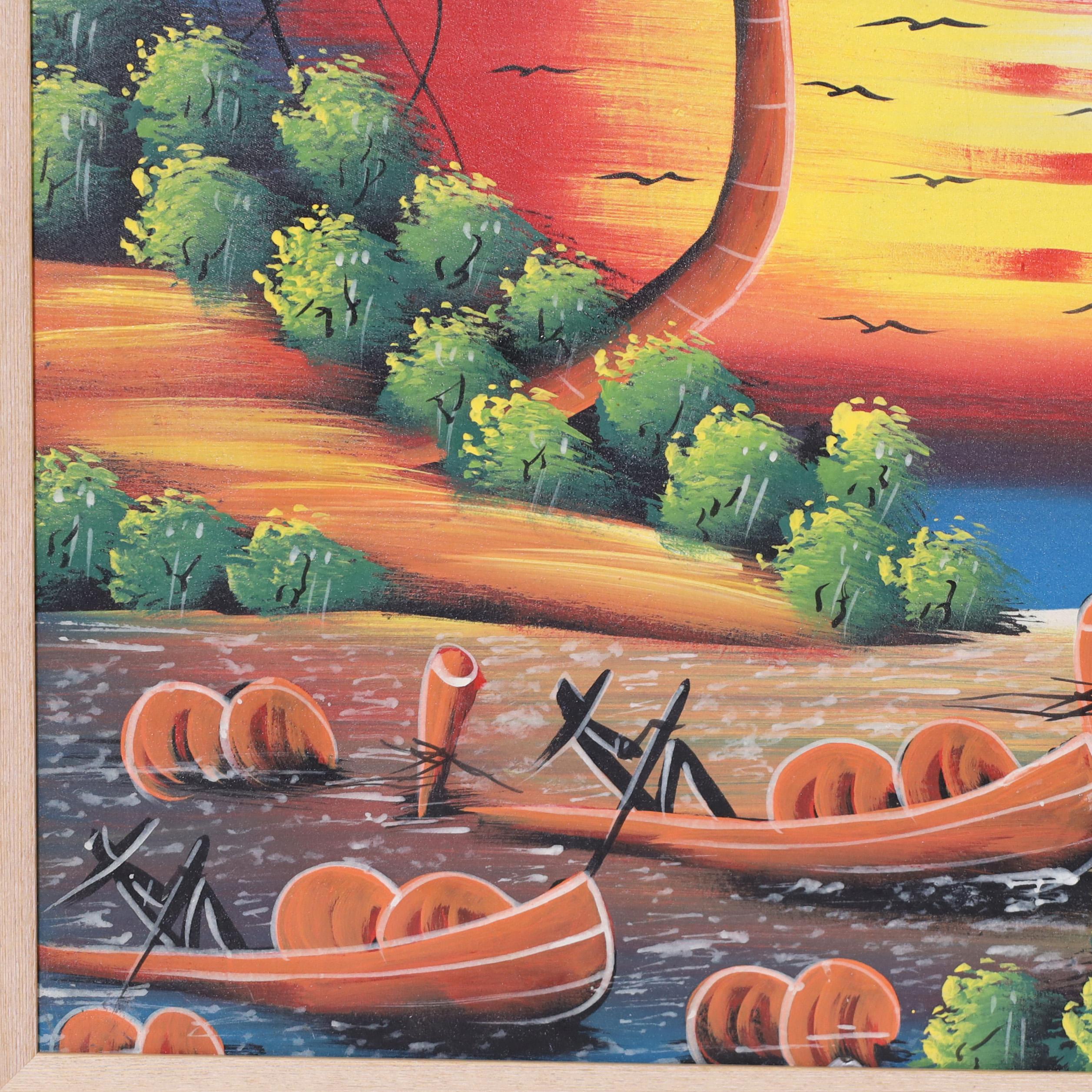 Vintage Haitian Painting Boats in Sunset by M. Mar In Good Condition For Sale In Palm Beach, FL