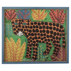 Vintage Haitian Painting of a Leopard by Ti Tra Jean Fatreuse Delva