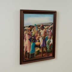 Vintage Haitian Painting of a Marketplace by Jean-Elie Brisson