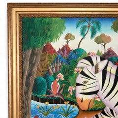 Vintage Haitian Painting of a Zebra in a Jungle by Jerome Polycarpe
