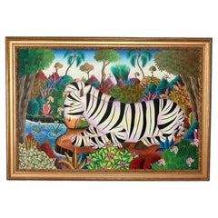 Vintage Haitian Painting of a Zebra in a Jungle by Jerome Polycarpe
