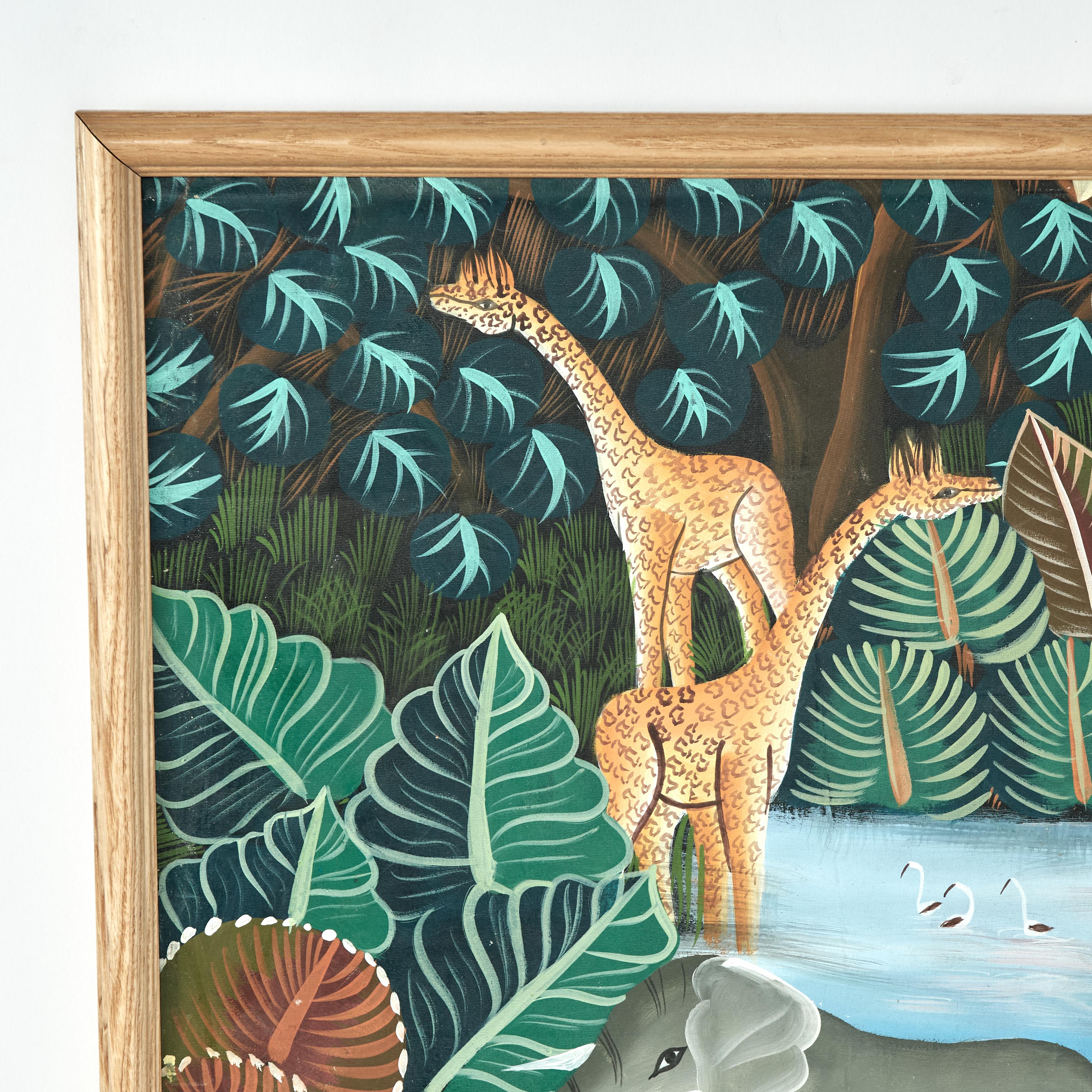 Enchanting mid century Haitian acrylic painting on canvas of African animals and ducks in a pond in a jungle setting executed in a distinctive naive style, signed Jean Claude in the lower right and presented in a wood frame.
