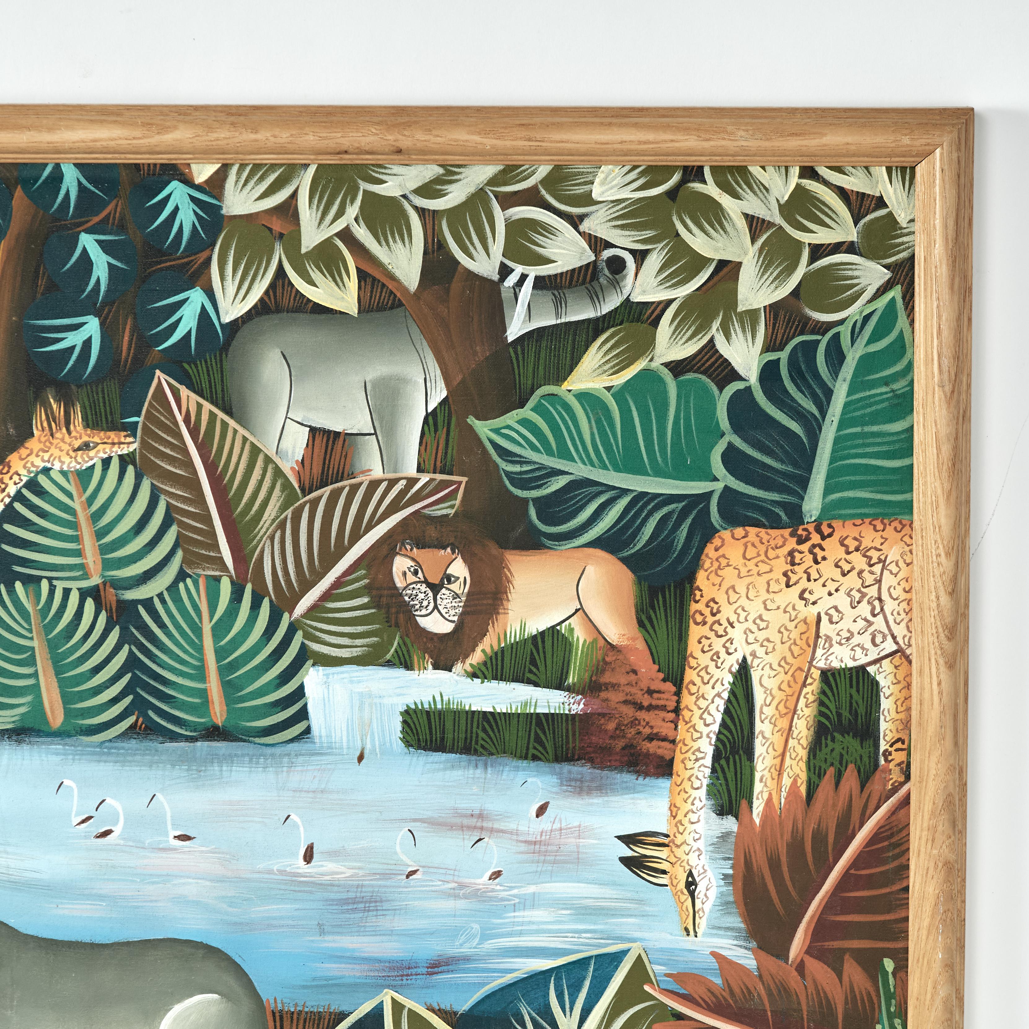 Folk Art Vintage Haitian Painting of Animals in a Jungle by Jean Claude For Sale