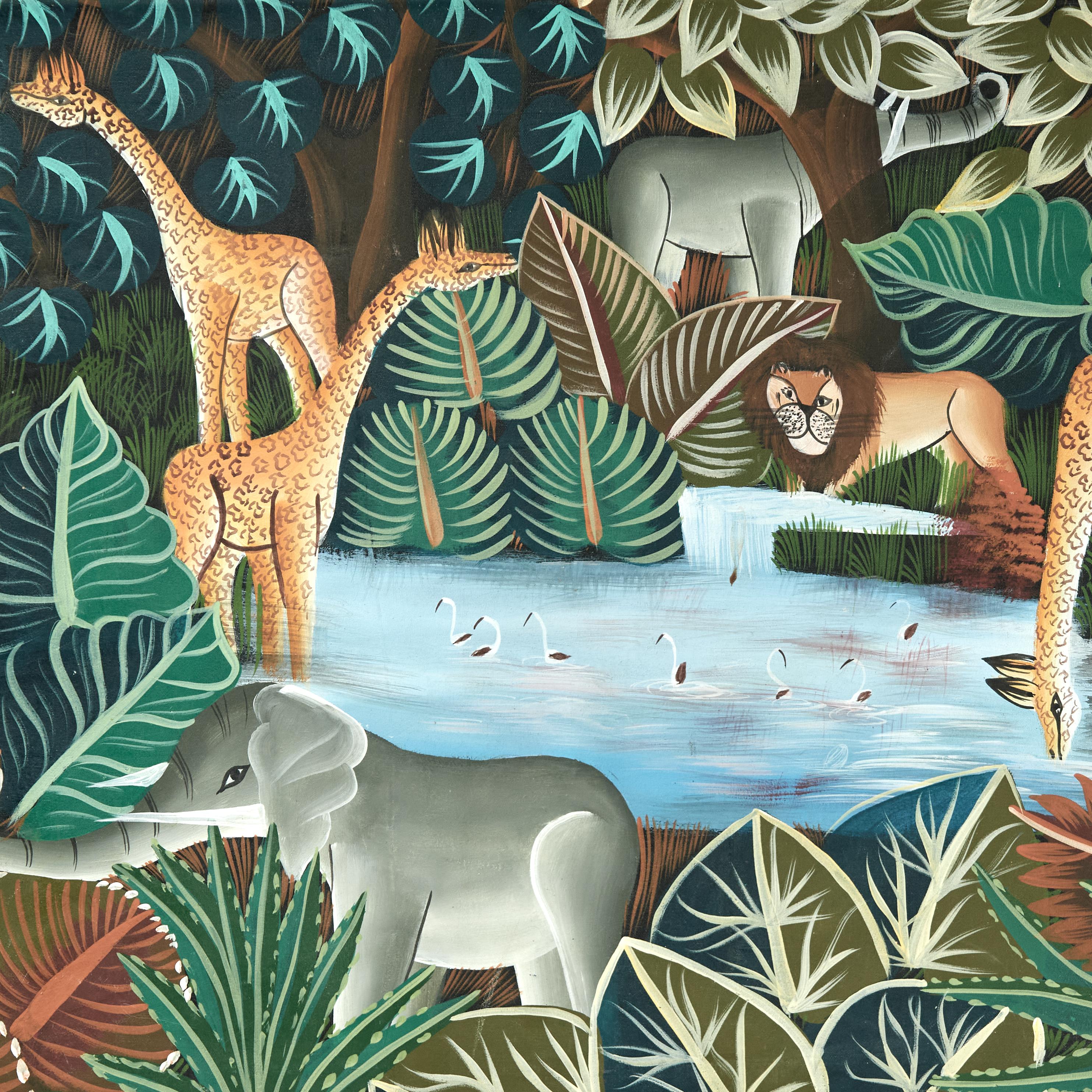 Hand-Painted Vintage Haitian Painting of Animals in a Jungle by Jean Claude For Sale