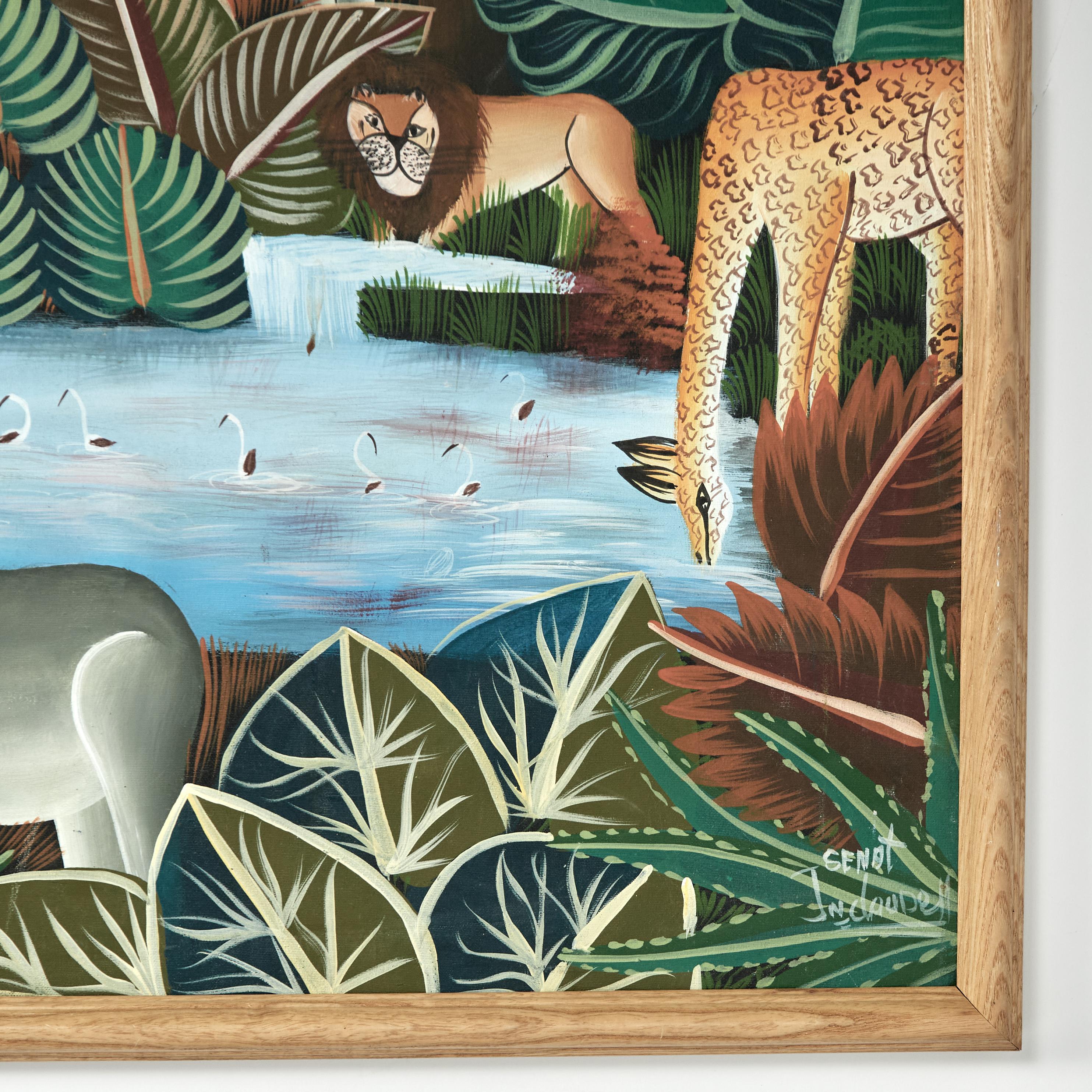 20th Century Vintage Haitian Painting of Animals in a Jungle by Jean Claude For Sale
