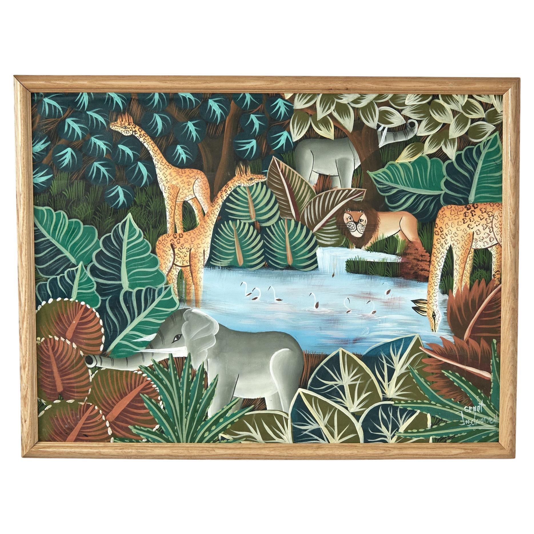 Pintura haitiana vintage de animales en una jungla por Jean Claude