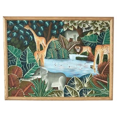 Pintura haitiana vintage de animales en una jungla por Jean Claude
