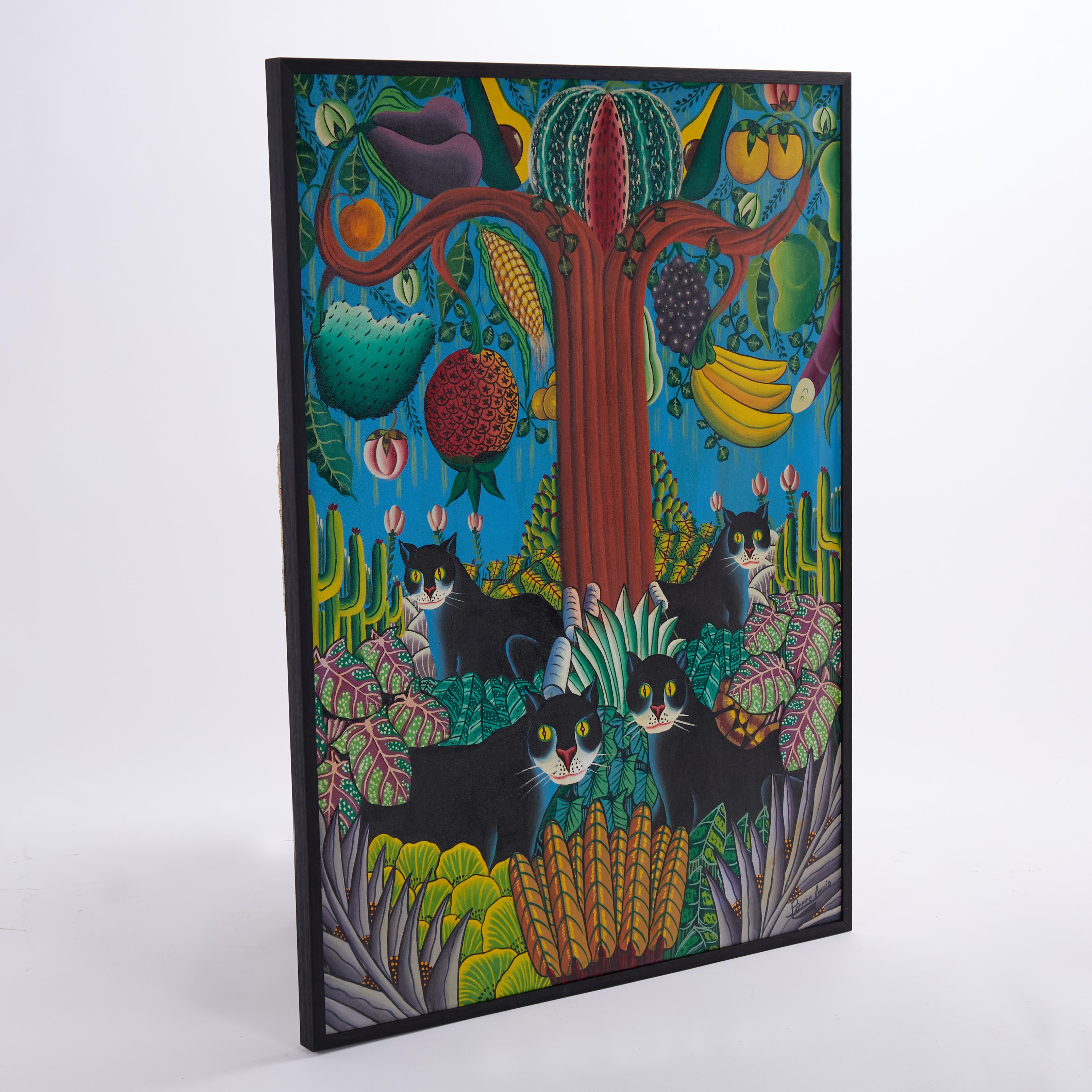 Captivating Mid Century Haitian acrylic painting on canvas depicting four black cats in a lush outdoor setting with an unexpected group of plants and fruit, executed in a distinctive naive style and signed Pierre Louis in the lower right. 