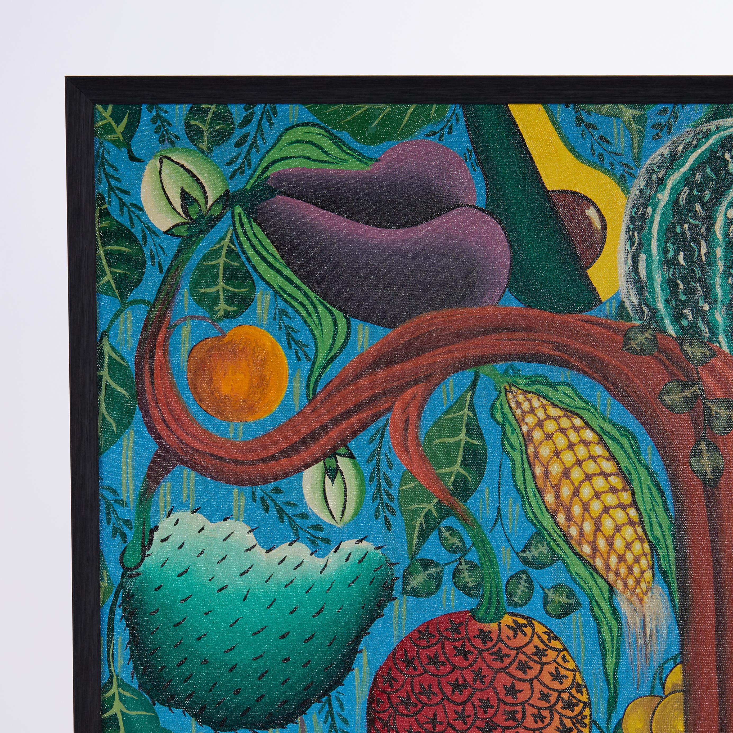 Folk Art Vintage Haitian Painting with Black Cats and Fruit by Pierre Louis For Sale