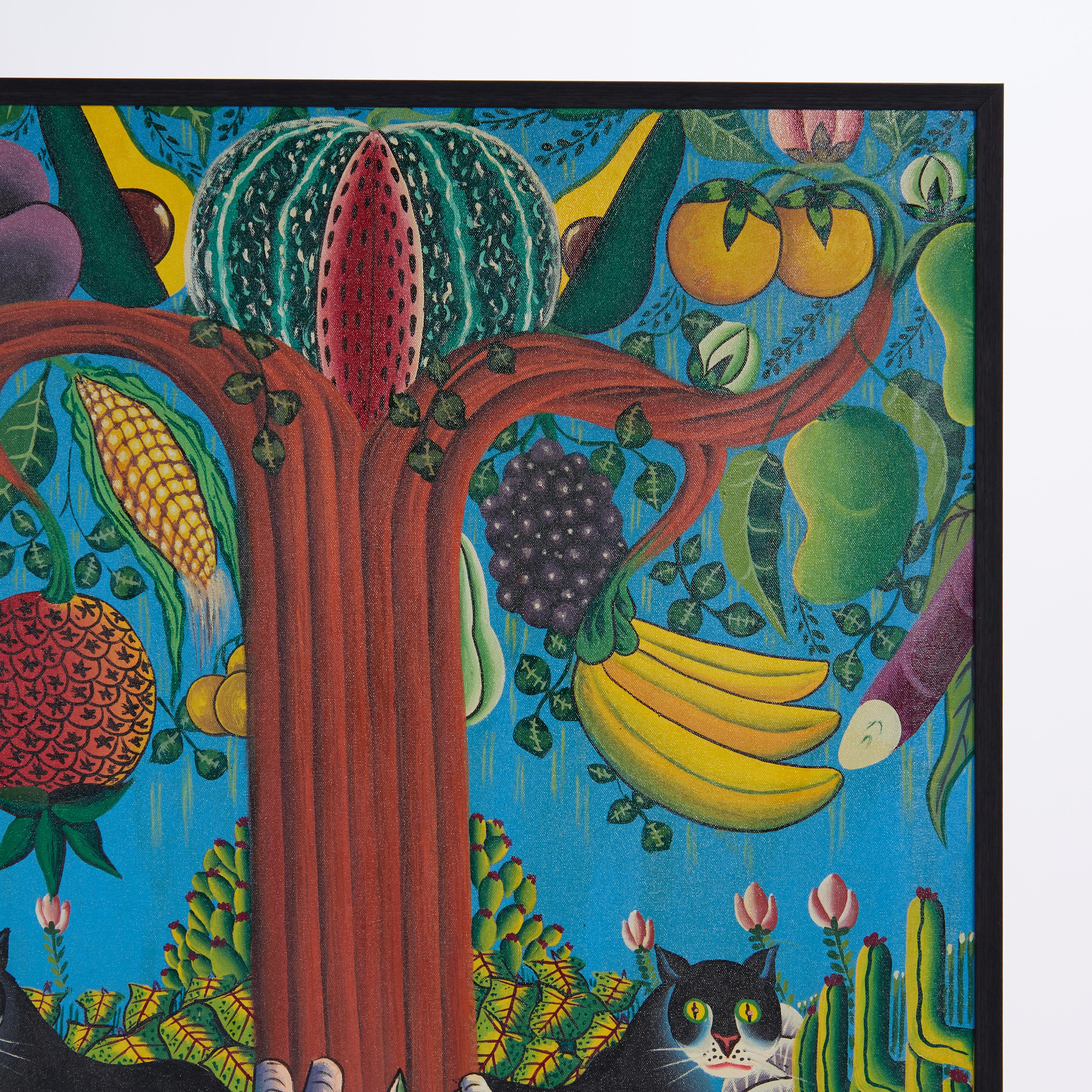 Vintage Haitian Painting with Black Cats and Fruit by Pierre Louis In Good Condition For Sale In Palm Beach, FL