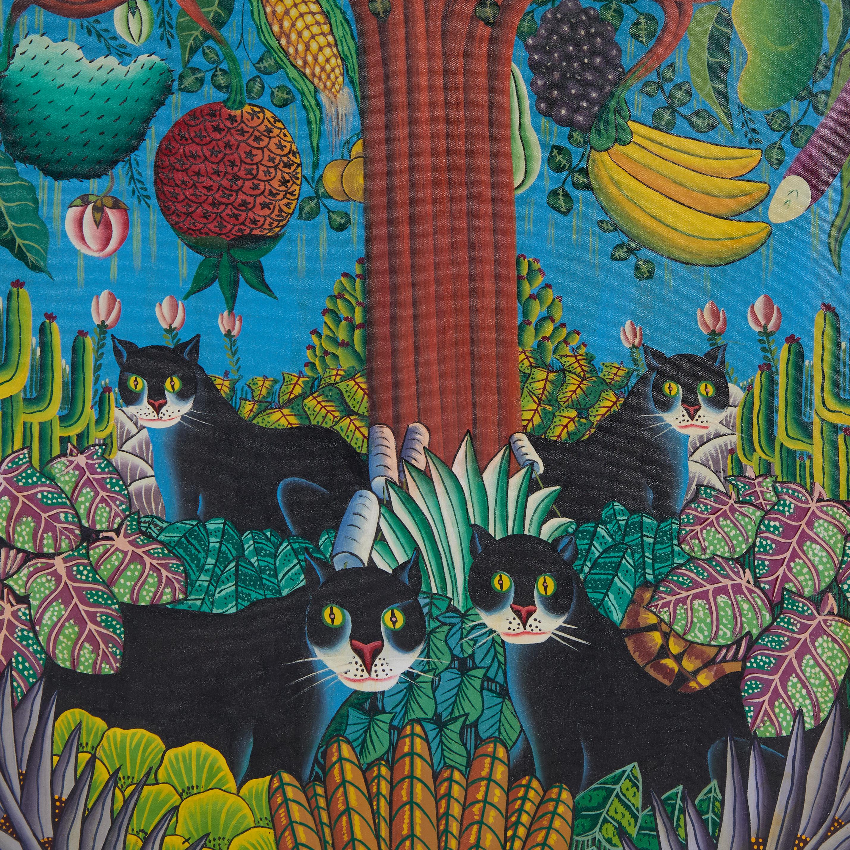 20th Century Vintage Haitian Painting with Black Cats and Fruit by Pierre Louis For Sale