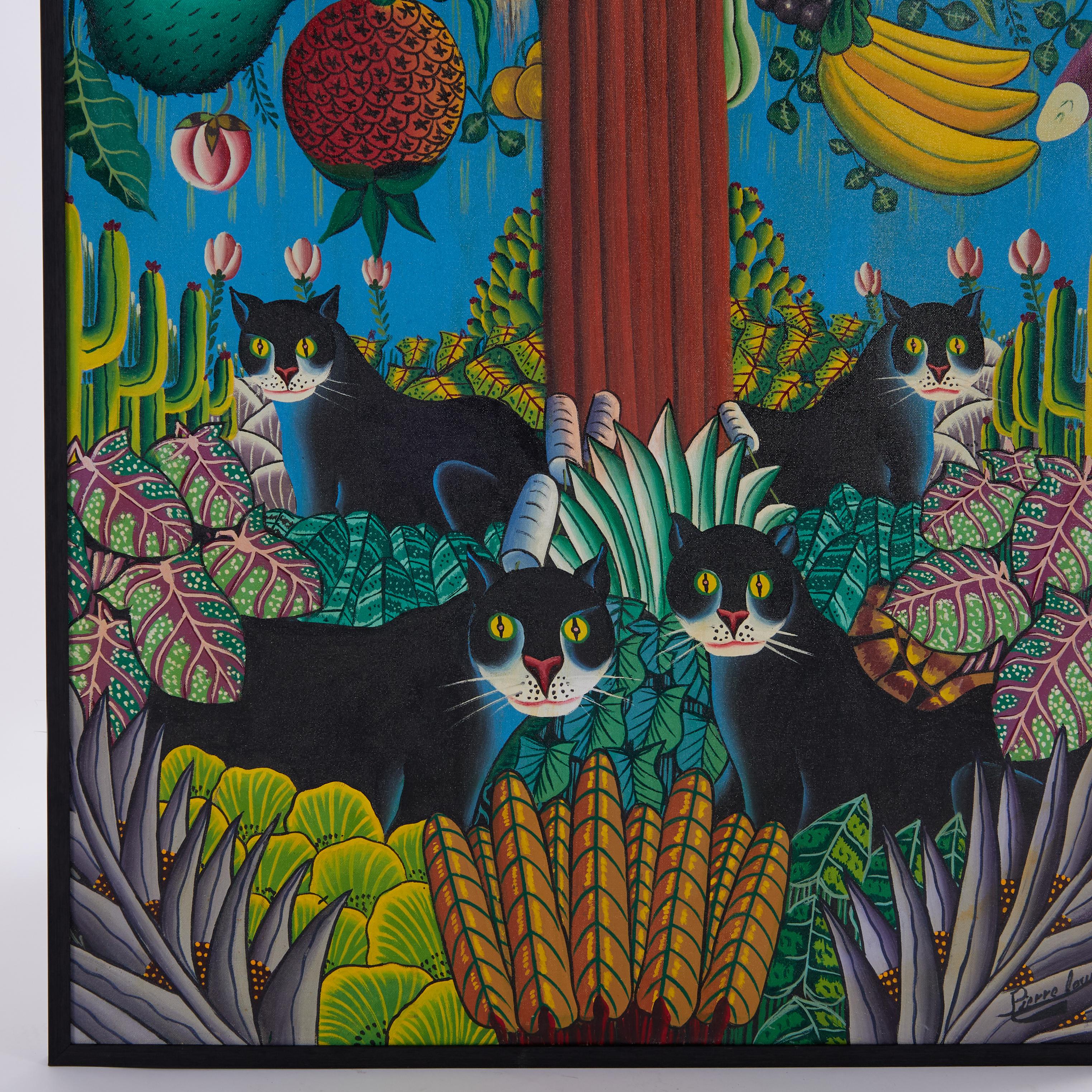 Vintage Haitian Painting with Black Cats and Fruit by Pierre Louis For Sale 1