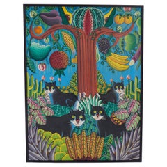 Pintura haitiana vintage con gatos negros y fruta de Pierre Louis