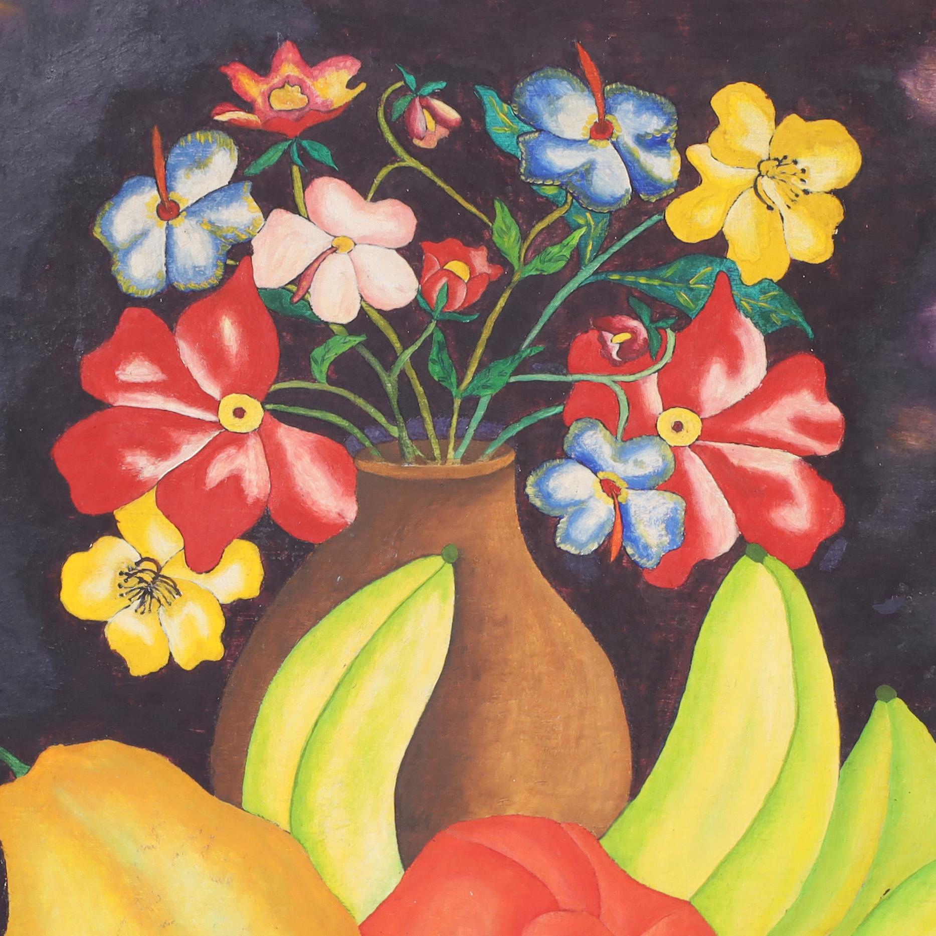 Peinture acrylique haïtienne du milieu du siècle sur panneau représentant une nature morte avec des fleurs et des fruits, exécutée dans un style naïf distinctif avec des couleurs vives. Signé, daté et présenté dans un cadre en bois. 