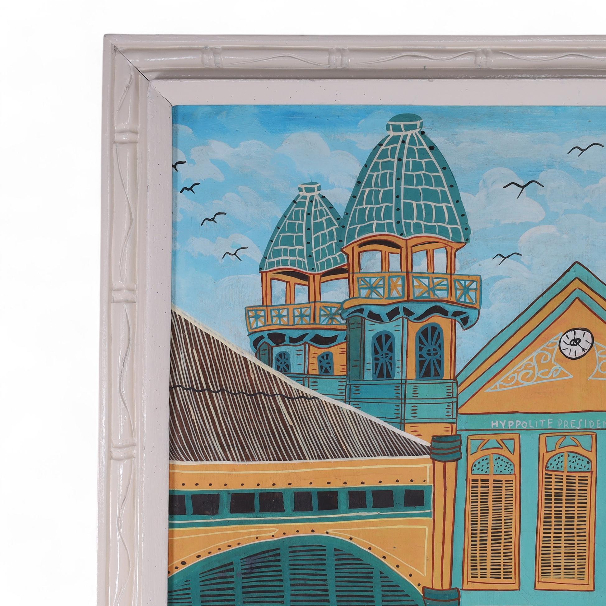 Fantaisiste peinture acrylique sur toile de style haïtien du milieu du siècle, exécutée dans une technique naïve distinctive représentant une composition excentrique avec une architecture, des personnes et un bus intitulé 