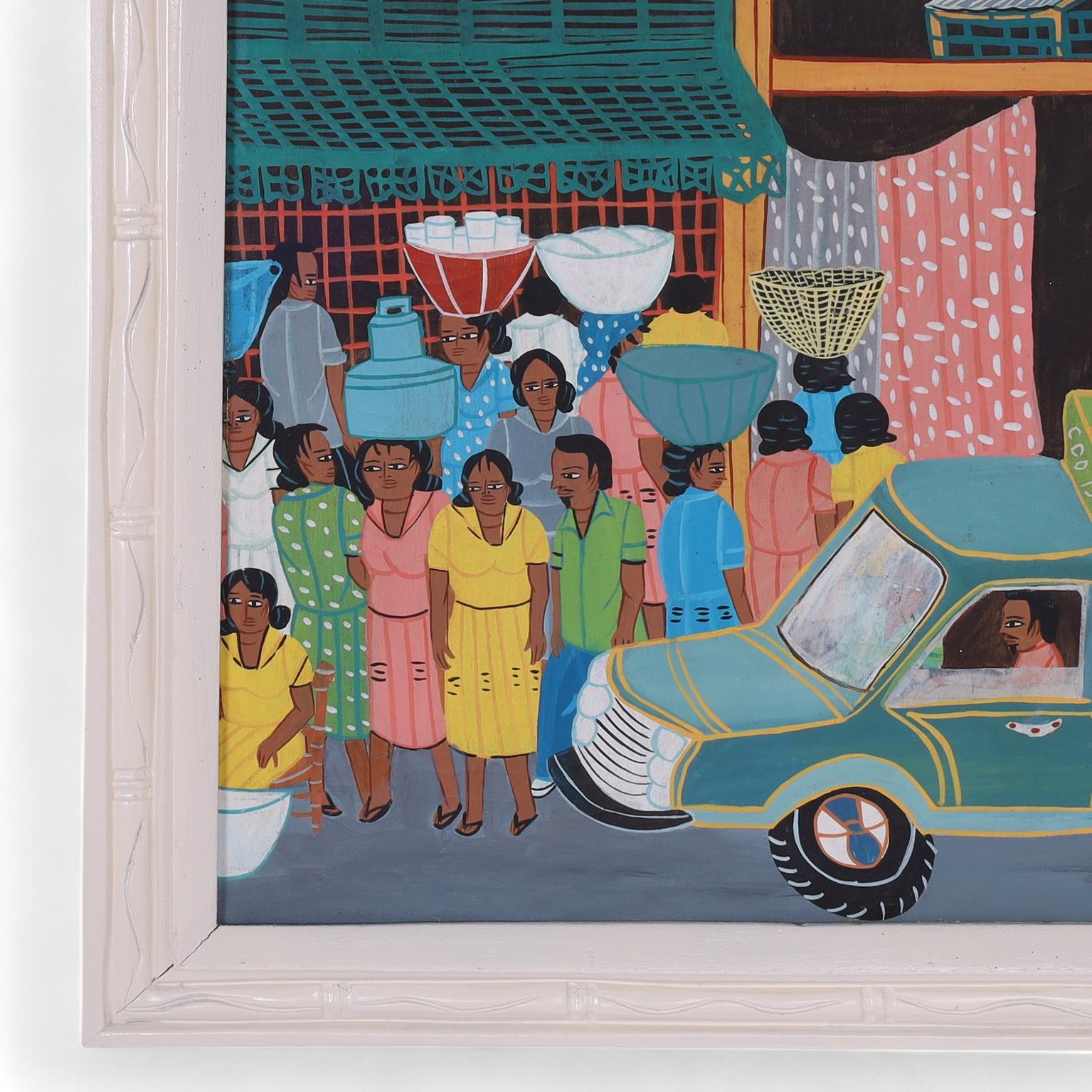 Peinture sur toile vintage de style haïtien par Leonel Castel Bon état - En vente à Palm Beach, FL