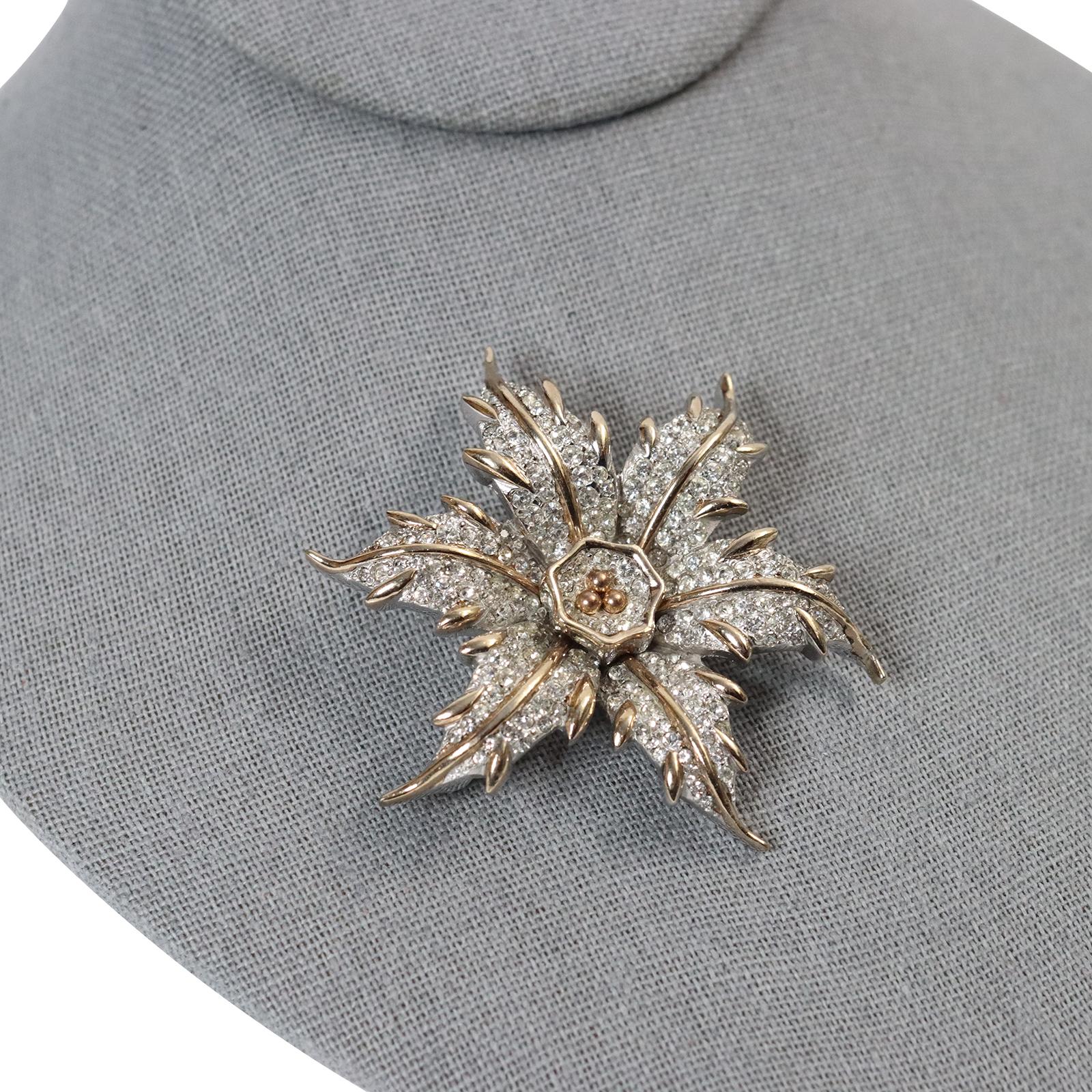 Vintage Halbe Silver and Gold Tone Diamante Flower Brooch, Circa 1960's In Good Condition For Sale In New York, NY