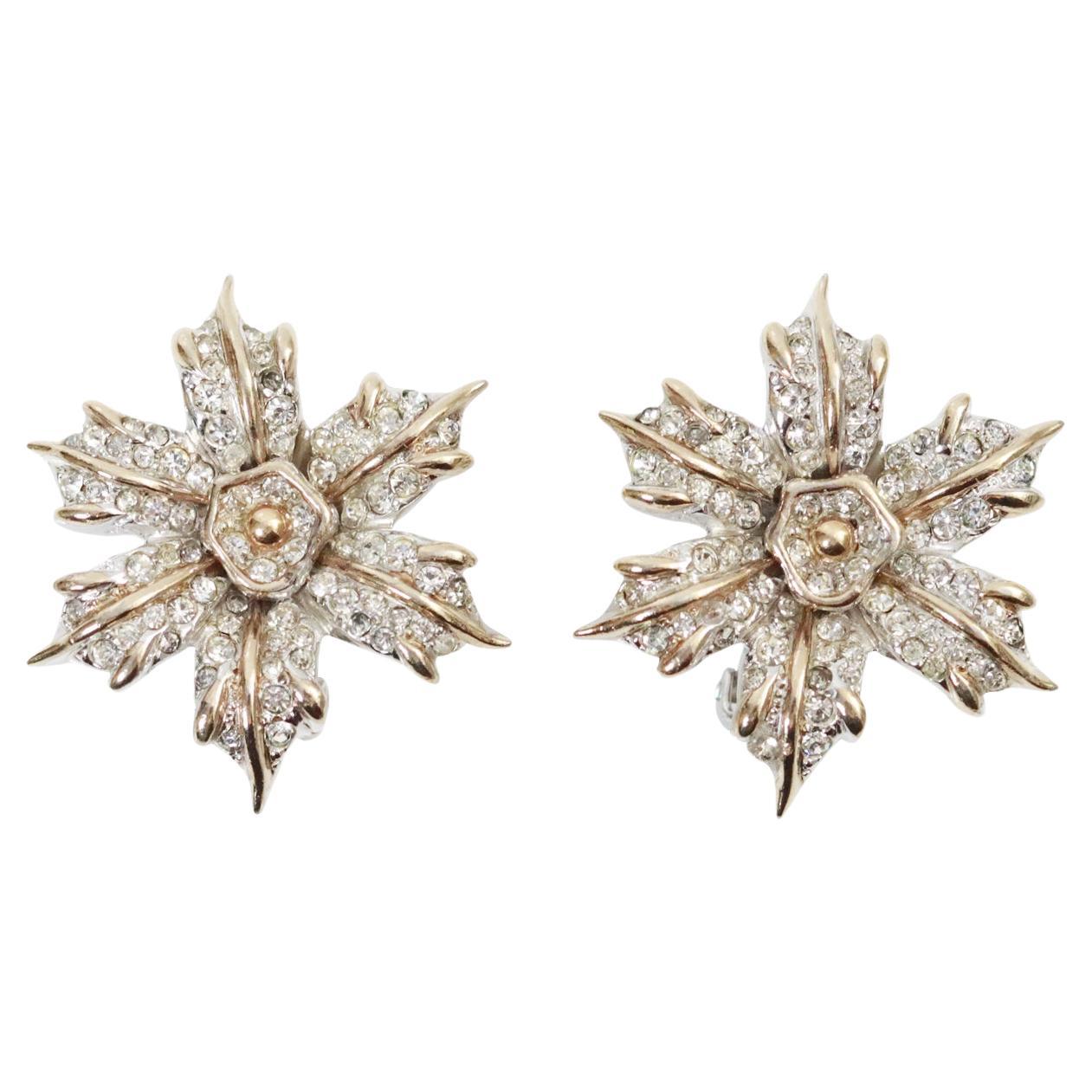 Vintage Halbe Silver and Gold Tone Diamante Flower Earrings, Circa 1960's