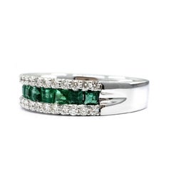 Vintage Half Eternity Emerald Diamond Engagement Ring, White Gold Emerald Band