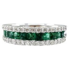 Vintage Half Eternity Emerald Diamond Engagement Ring, White Gold Emerald Band