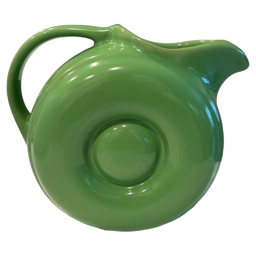 Vintage Hall Pottery Midcentury Green Donut Pitcher with Ice Lip For Sale