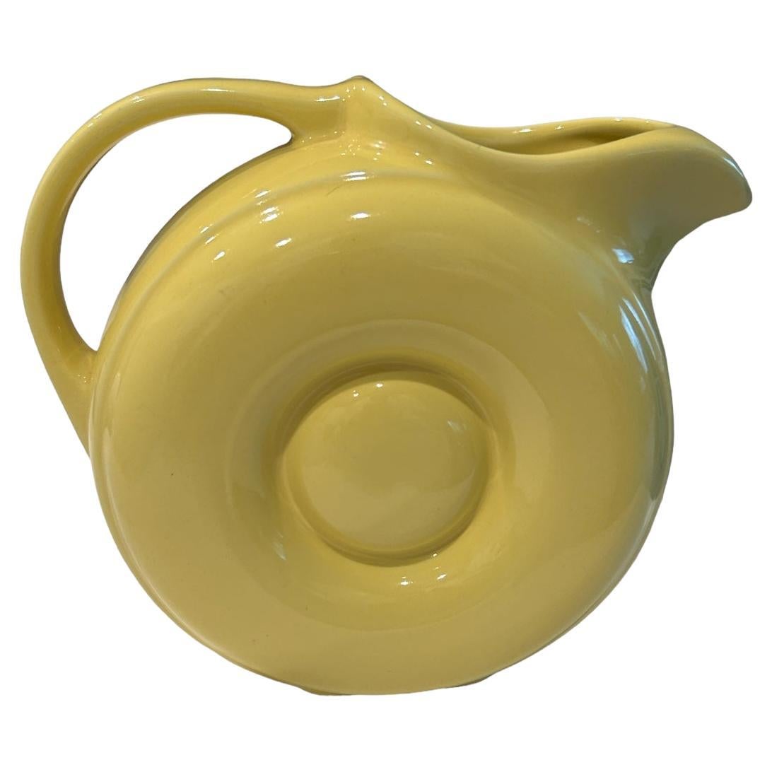 Vintage Hall Pottery Mid Century Yellow Donut Pitcher w/ Ice Lip For Sale