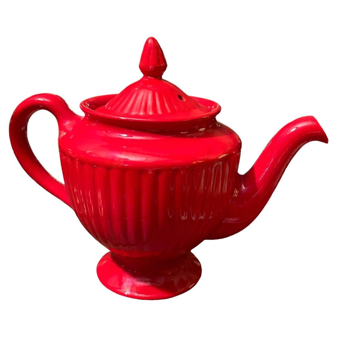 Vintage Hall Pottery Red Ribbed Teapot ~ USA For Sale