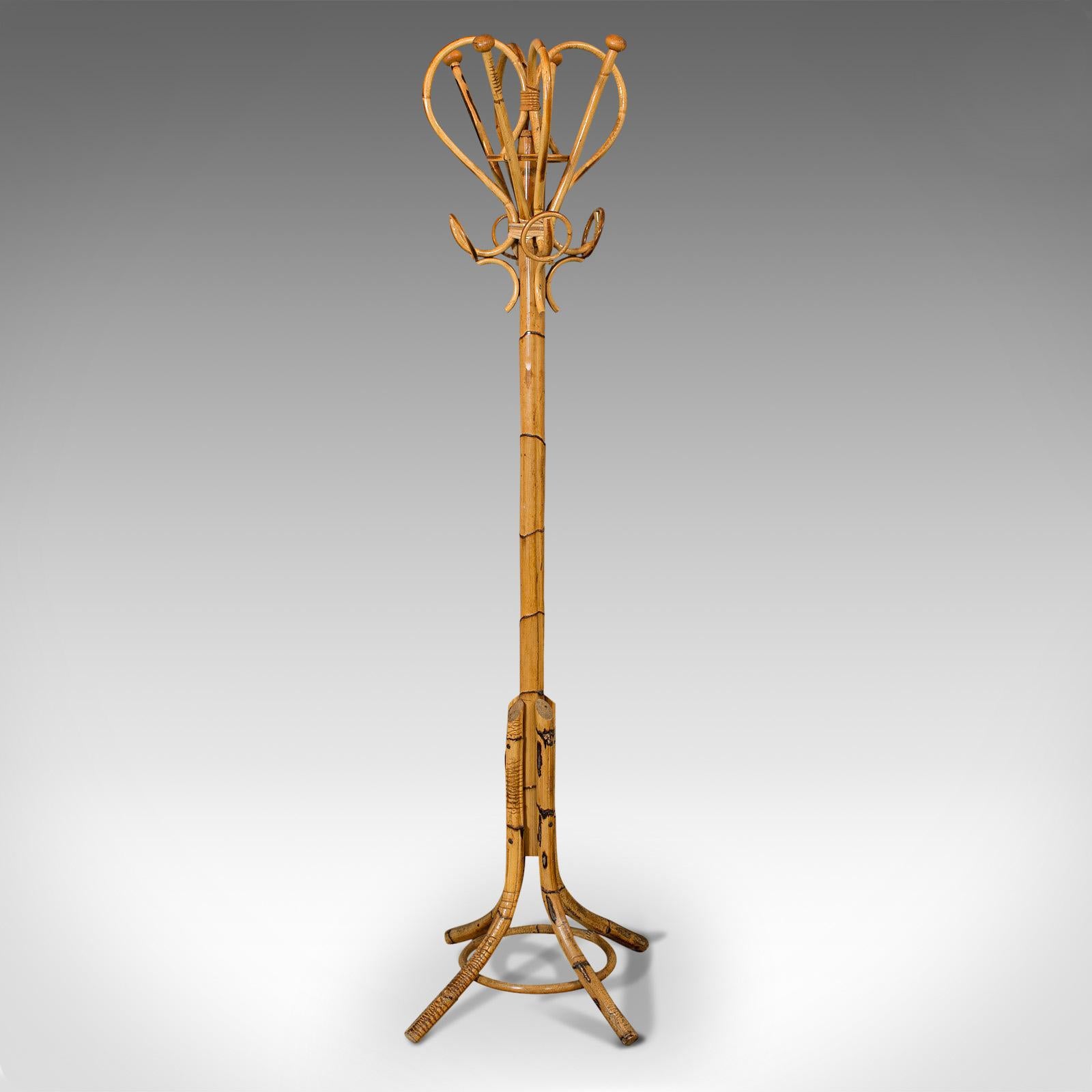 This is a vintage hall stand. A Continental, bamboo coat and hat rack dating to the mid-20th century, circa 1960.

Pleasingly crafted bamboo stand
Displays a desirable aged patina
Bamboo shows fine color


Looped upper rails with a quartet of hat