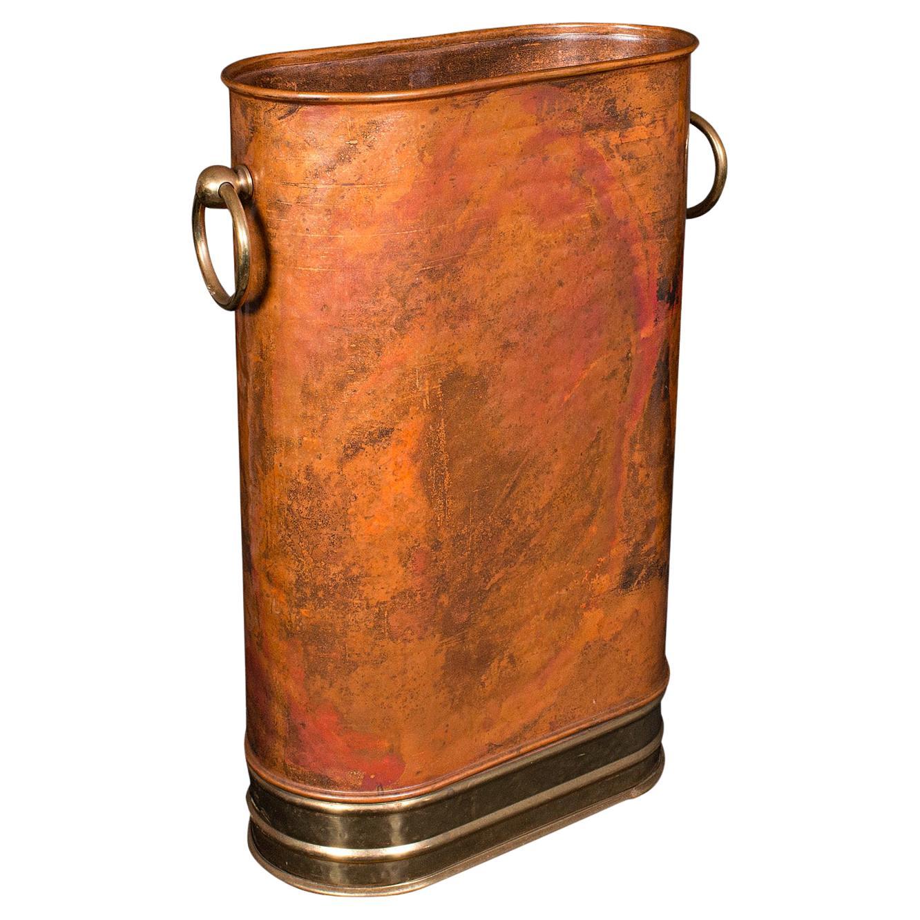 Vintage Hall Stick Stand, English Copper, Brass, Umbrella Rack, Art Deco Revival For Sale