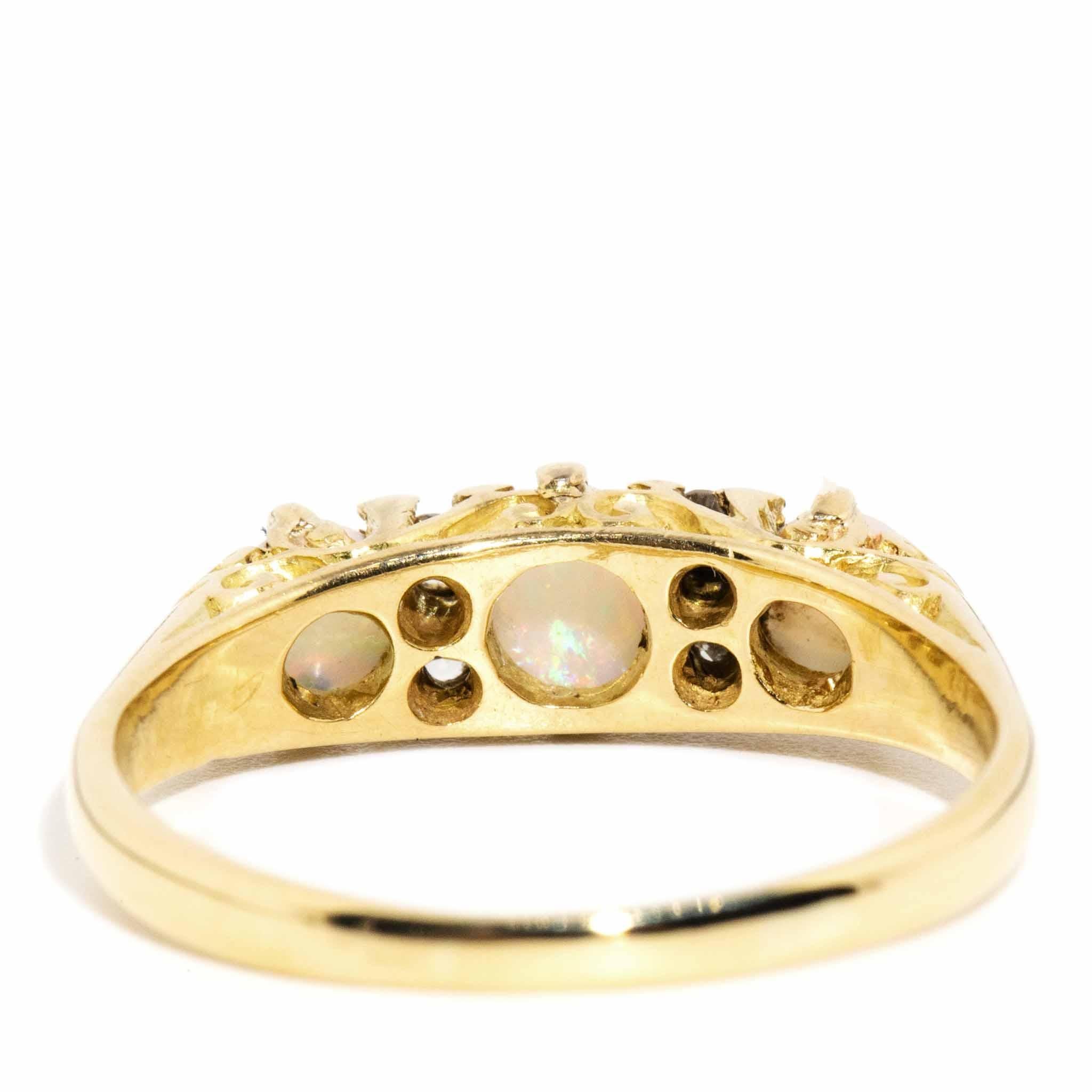 Women's Vintage Hallmarked 1972 Australian Opal & Diamond Ring 18 Carat Yellow Gold For Sale