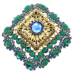 Vintage Hallmarked Hattie Carnegie Brooch With Gilt Metal, Green, Blue Glass