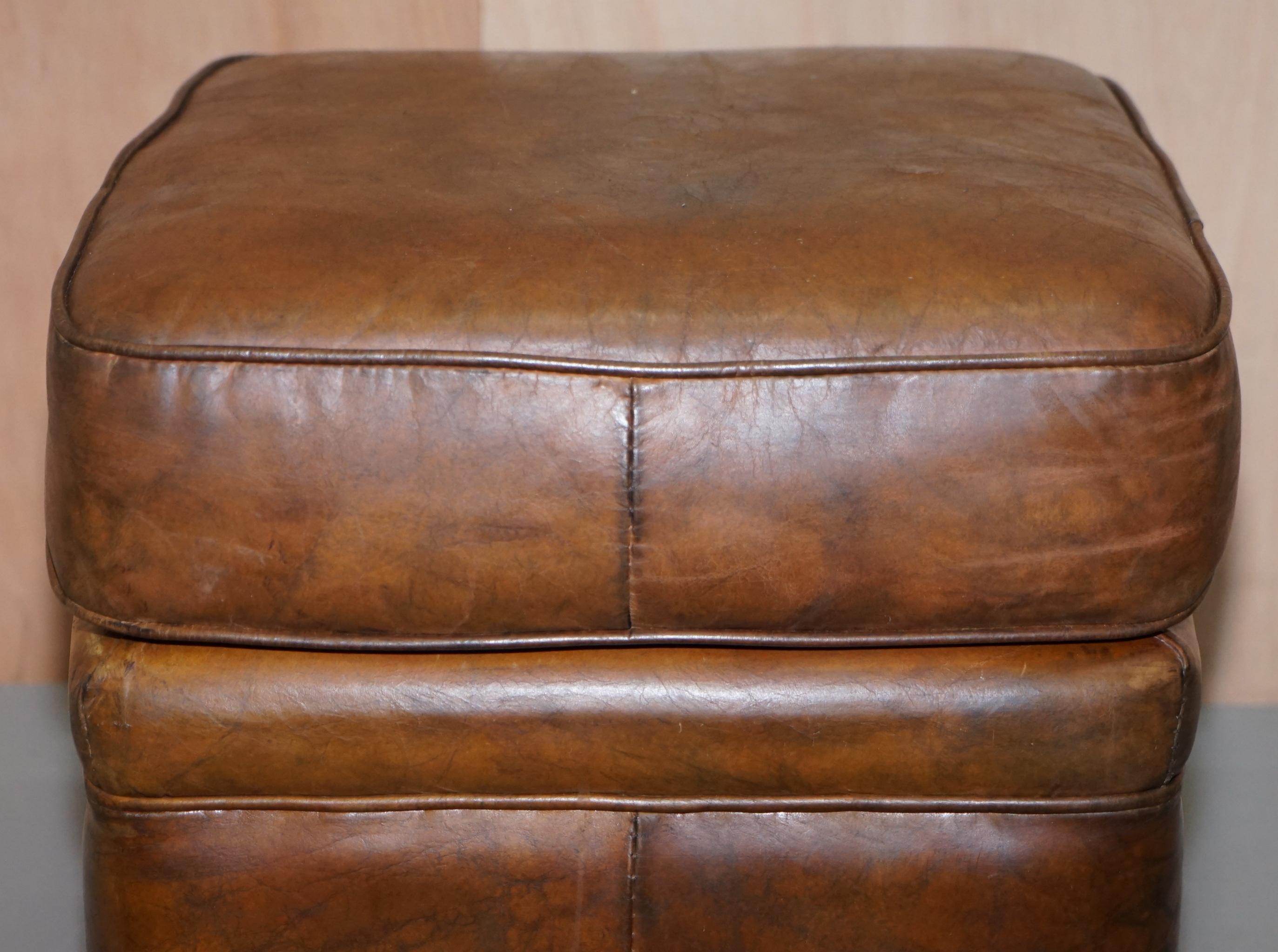 Vintage Halo Aged Distressed Brown Leather Footstool Or Stool Very Comfortable At 1stdibs