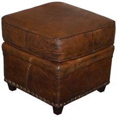 Vintage Halo Aged Distressed Brown Leather Footstool or Stool Very Comfortable