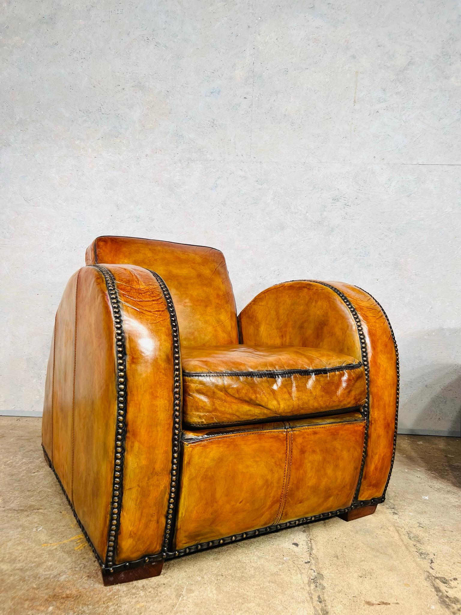 Vintage Halo Art Deco Style Tan Leather Club Chairs Armchairs 4