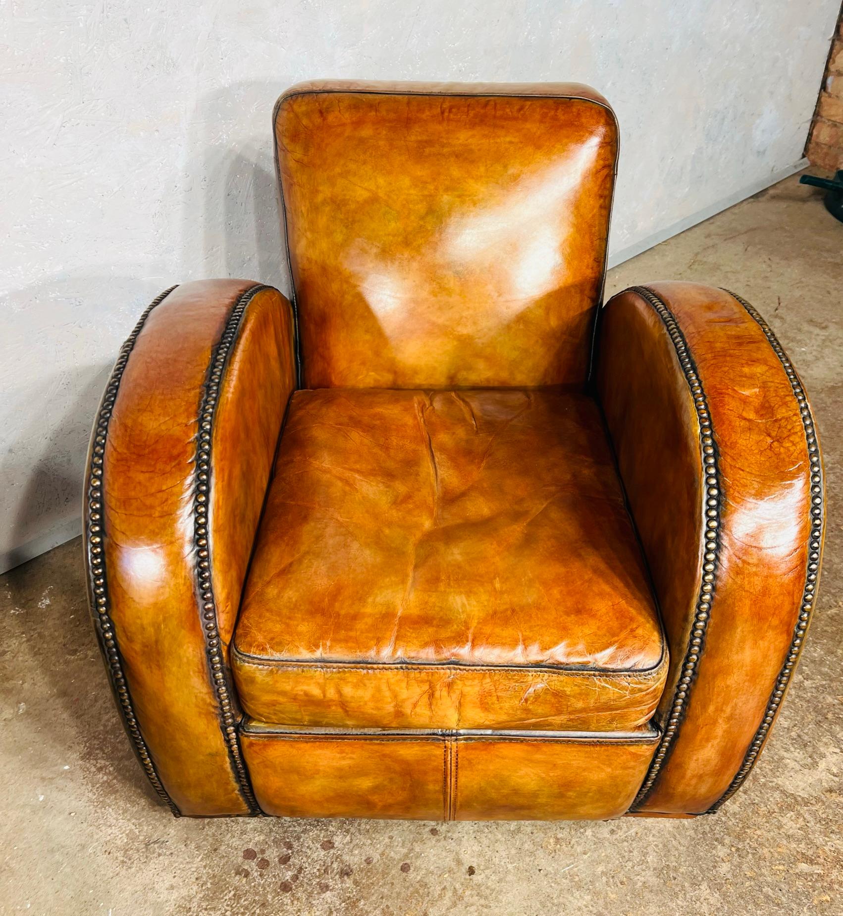 Vintage Halo Art Deco Style Tan Leather Club Chairs Armchairs 5