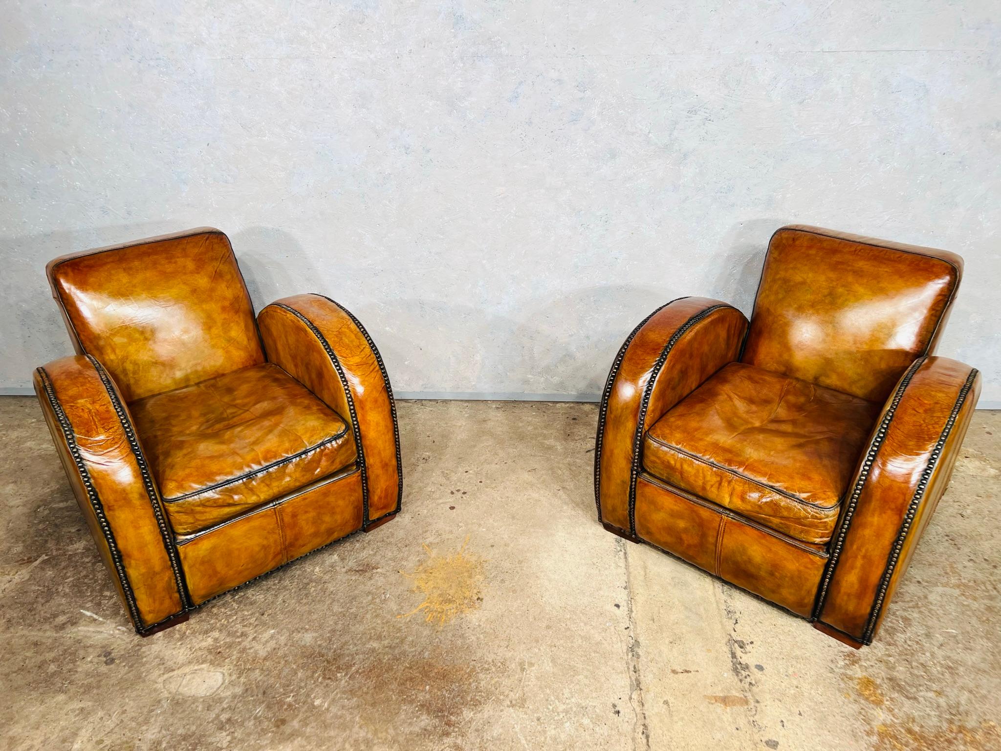 Vintage Halo Art Deco Style Tan Leather Club Chairs Armchairs In Good Condition In Lewes, GB