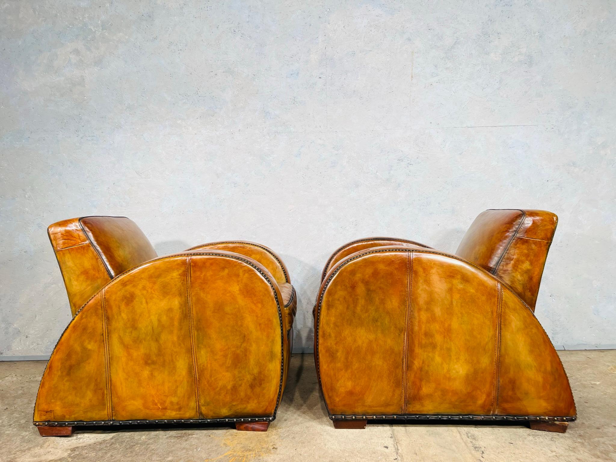 20th Century Vintage Halo Art Deco Style Tan Leather Club Chairs Armchairs