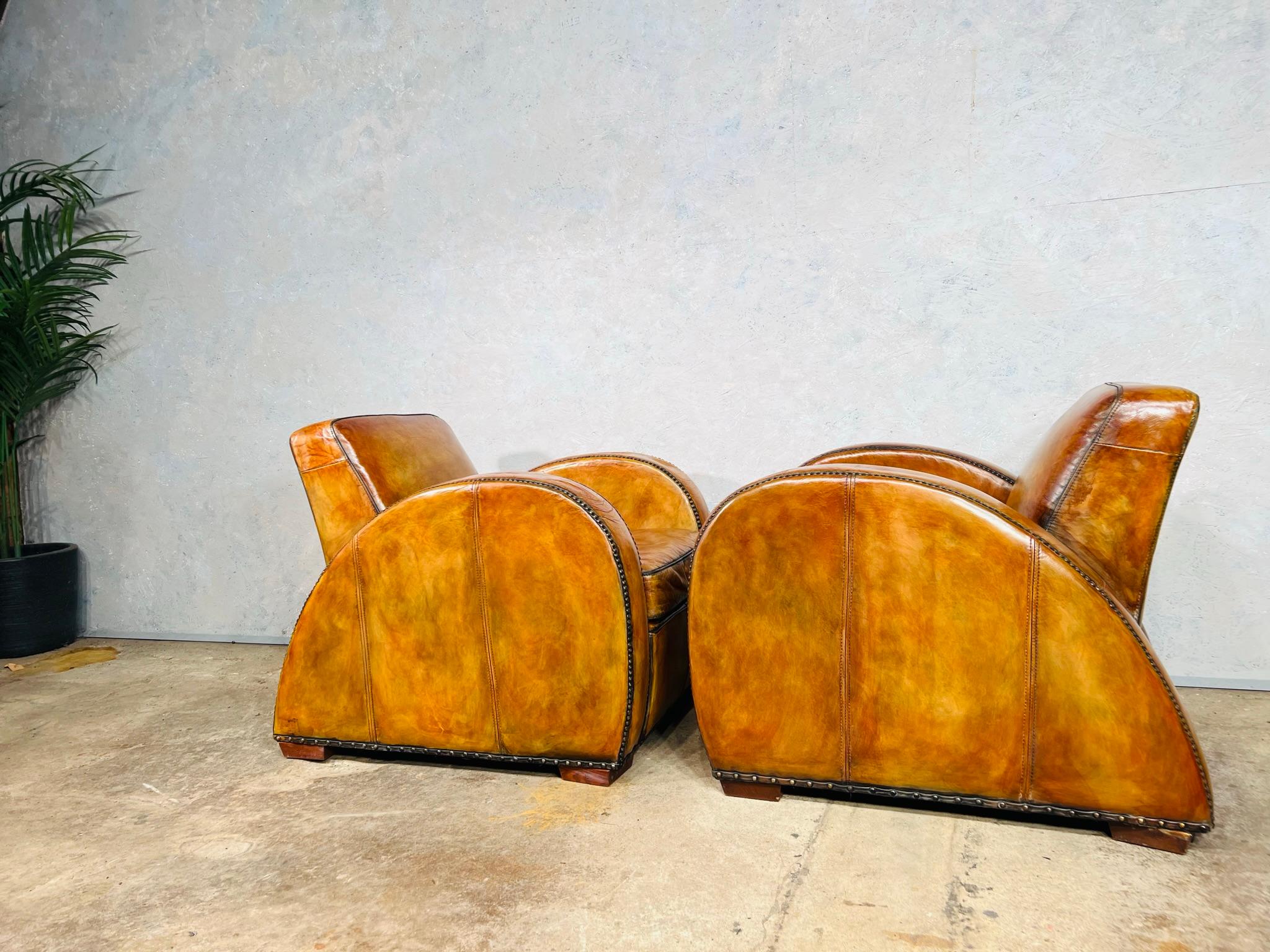 Vintage Halo Art Deco Style Tan Leather Club Chairs Armchairs 1