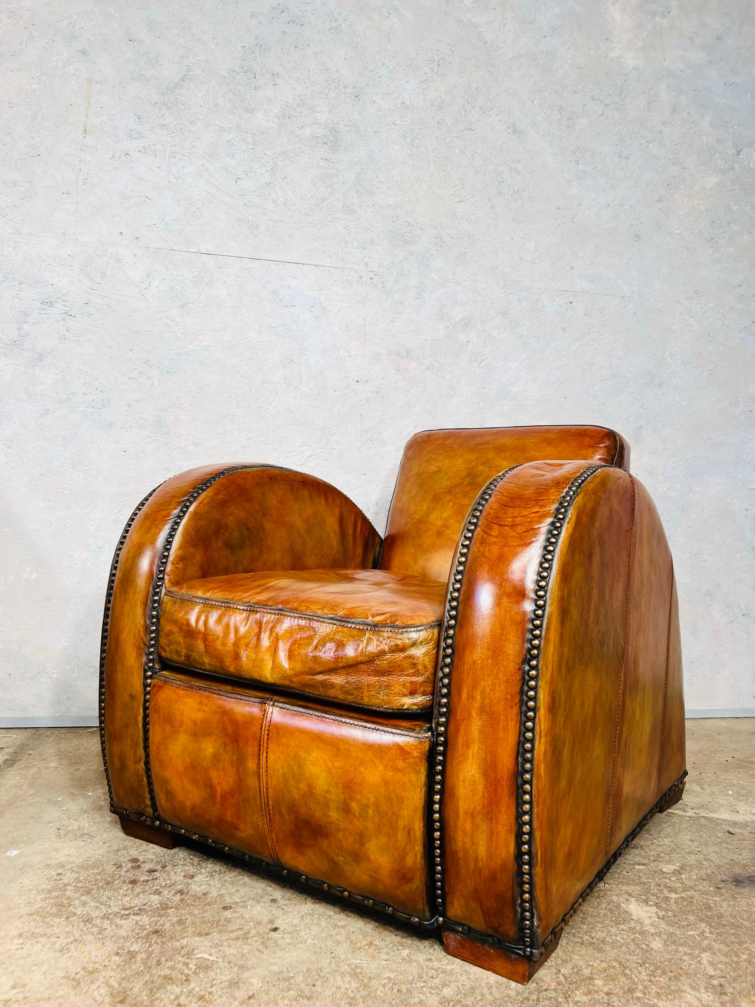 Vintage Halo Art Deco Style Tan Leather Club Chairs Armchairs 3