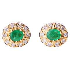 Vintage Halo Earrings natural 1 ctw Emeralds 0.5 ctw Diamonds solid 18K / 3.3 gr