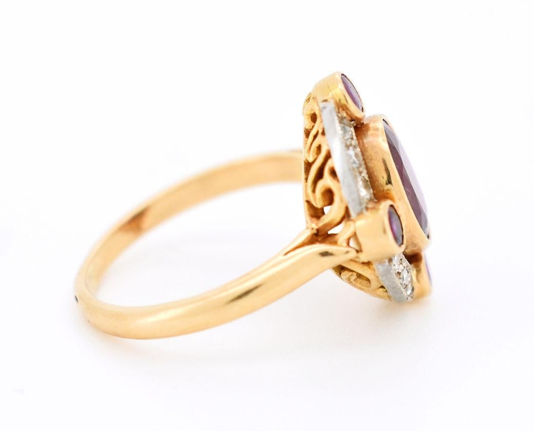 Contemporary Vintage Halo Ring in 18K Gold, Natural Burmese Ruby and Diamonds For Sale