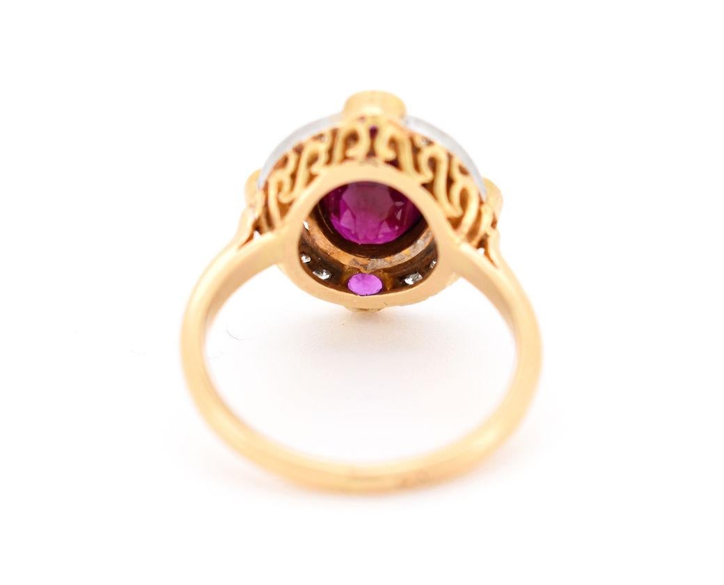 Oval Cut Vintage Halo Ring in 18K Gold, Natural Burmese Ruby and Diamonds For Sale