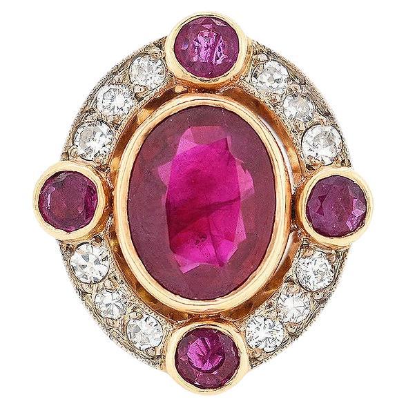 Anillo halo vintage de oro de 18 quilates, rubí birmano natural y diamantes