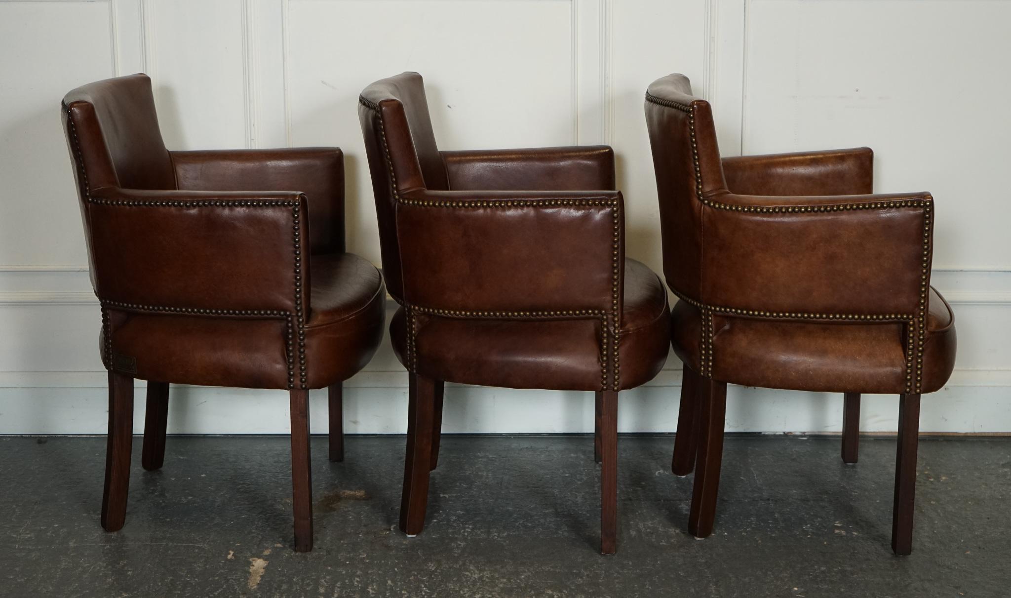 British VINTAGE HALO SOHO TIMOTHY OULTON SET OF SIX LEATHER DINING CHAiRS BRASS STUDS