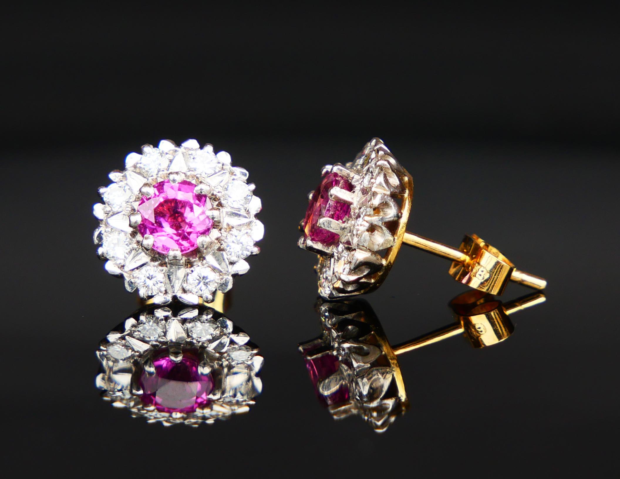 Retro Vintage Halo stud Earrings 1ctw. natural Ruby 0.65ctw. Diamonds 18K Gold/3.9gr  For Sale